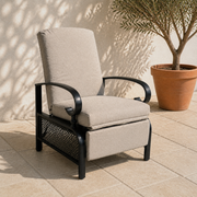 Terrace angle | lower three-quarter view of the upright recliner on limestone pavers