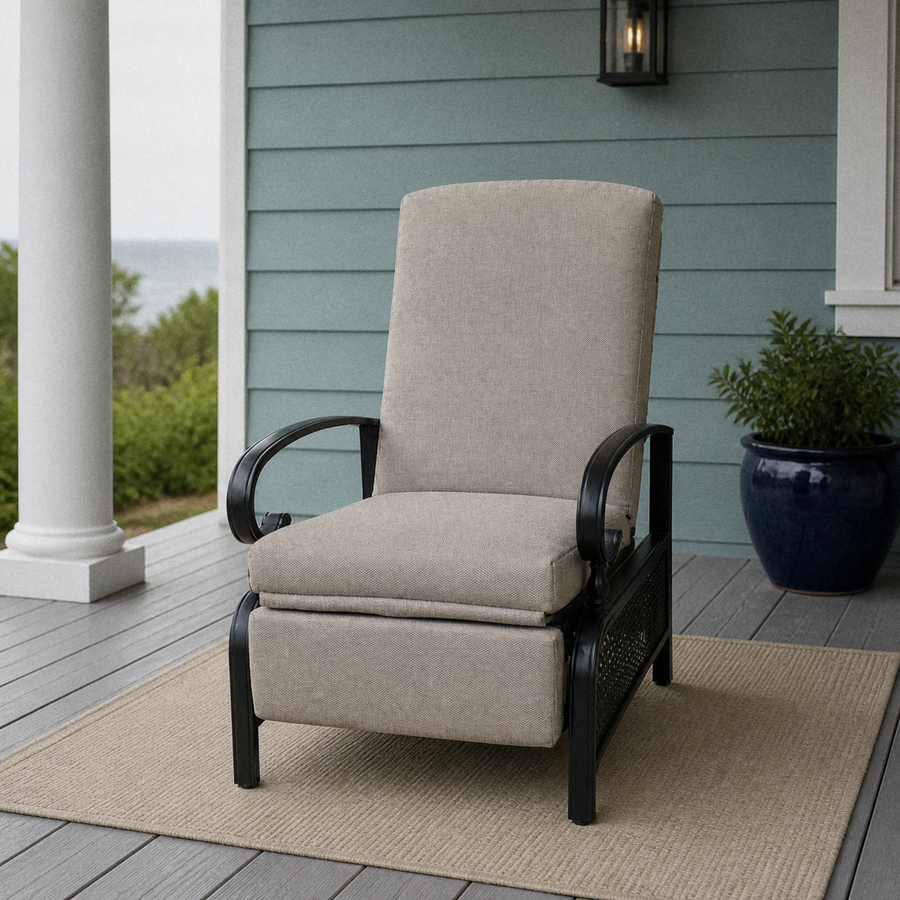 Porch | upright patio recliner on a blue-gray clapboard porch beside a white column