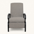 Front | straight studio view of the beige-cushioned recliner with its footrest closed
