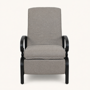 Front | straight studio view of the beige-cushioned recliner with its footrest closed