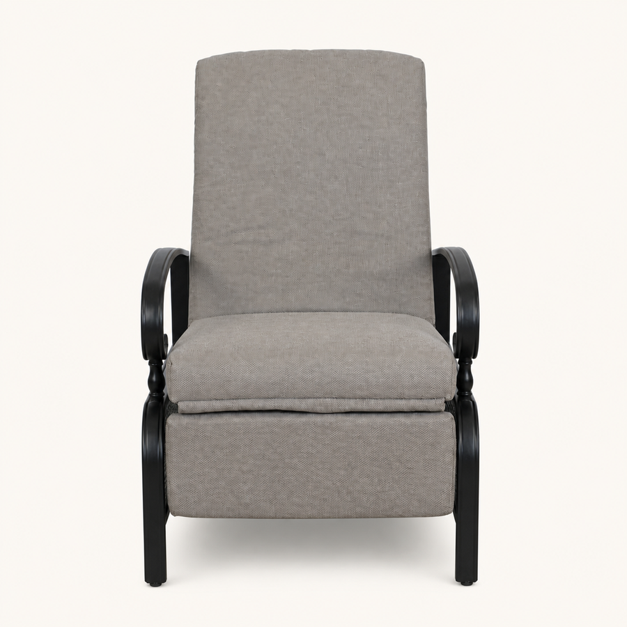 Front | straight studio view of the beige-cushioned recliner with its footrest closed