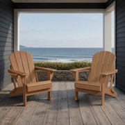 Room 2 | two Teak folding HDPE Adirondack chairs on a charcoal coastal porch overlooking the ocean