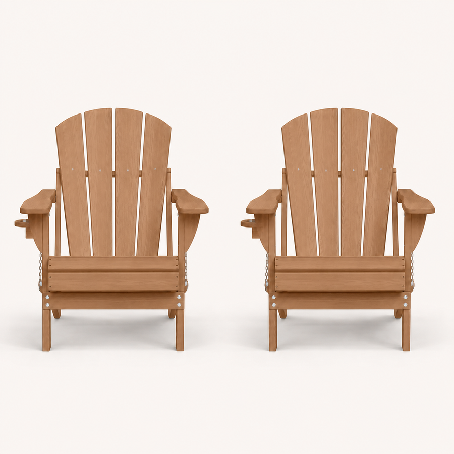 Front | two matching Teak folding HDPE Adirondack chairs on a clean studio ground