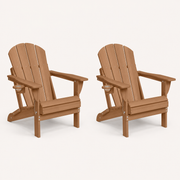 Three-quarter | two matching Teak folding Adirondack chairs on a clean studio ground, with cup holders and folding chains visible