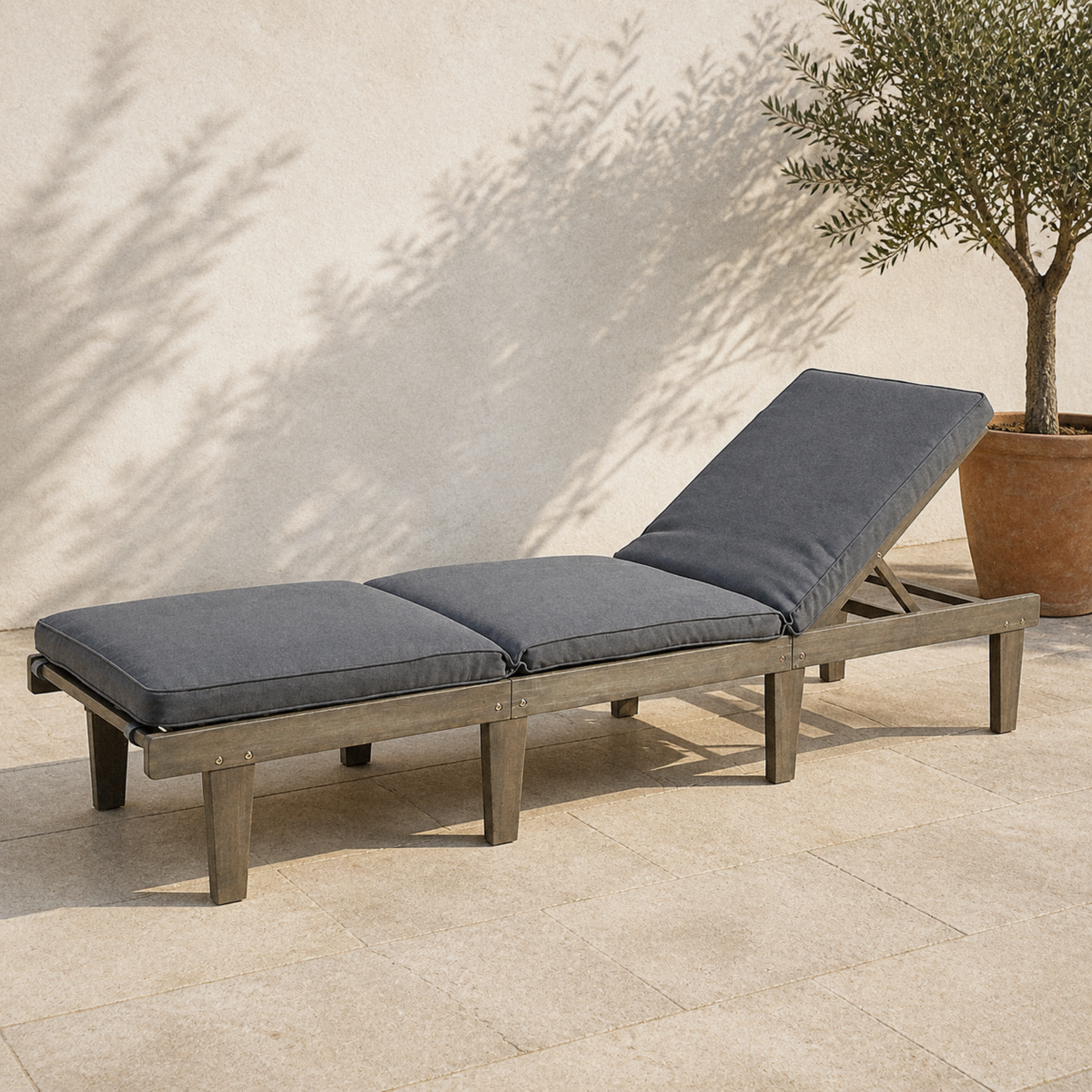 Chaise Lounge, Acacia Wood, Dark Gray Cushion, Gray Finish Frame