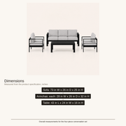 Overall dimensions | sofa, armchair, and coffee table measurements for the four-piece set
