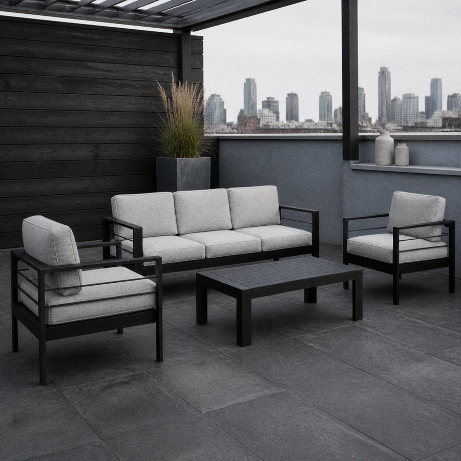 Cool rooftop terrace | black aluminum four-piece conversation set with light-gray cushions and slatted table