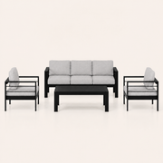Studio front | black aluminum 3-seat sofa, two armchairs, and slatted coffee table with light-gray cushions
