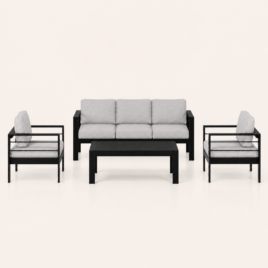 Studio front | black aluminum 3-seat sofa, two armchairs, and slatted coffee table with light-gray cushions