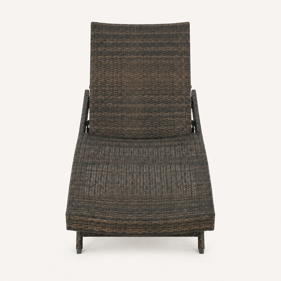 Front | foot-facing studio view of the dark woven chaise lounge with its raised backrest