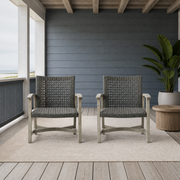 Coastal porch | Pair of light gray-washed acacia club chairs with dark open wicker backs