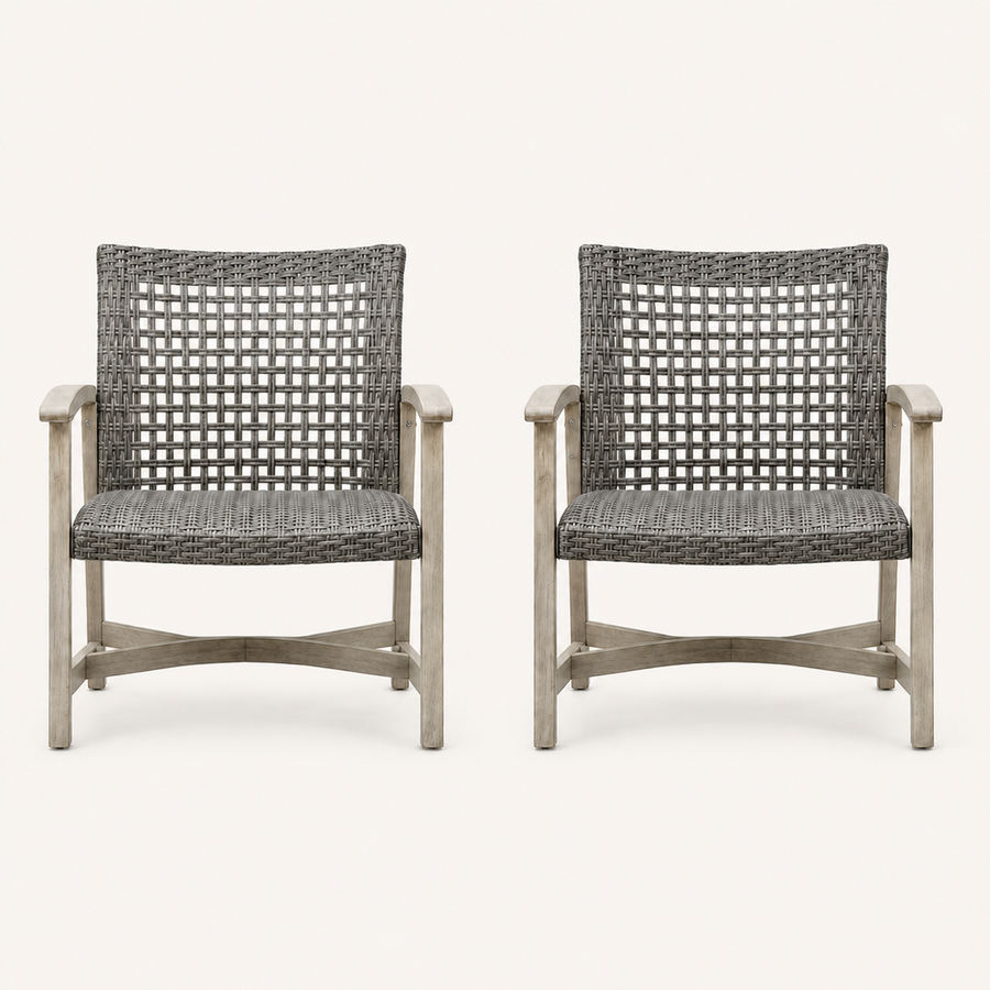 Studio front | Two light gray-washed acacia club chairs with dark open wicker seats and tall square backs