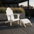 Rooftop | White Adirondack chair and ottoman on dark slate under a black pergola at sunset
