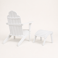 Rear angle | White Adirondack chair and matching ottoman from the right rear, showing back rails and slats