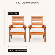 Dimensions | pair of acacia dining armchairs with dimensions for each chair: 37 inches high and 24 inches wide
