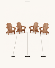 Detail dimensions | four folding Adirondack chairs with seat height 14.5 inches, seat 20.25 by 20 inches, and arm 22.25 inches high by 5 inches wide marked