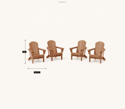 Dimensions | four folding Adirondack chairs on a light studio ground, with each chair's 34.5 inch height and 29 inch width by 31.5 inch depth marked