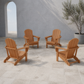 In a room | four warm teak-tone folding Adirondack chairs on cool limestone pavers in a blue-gray limewash courtyard, arched opening at left