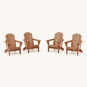 Front | four warm teak-tone folding Adirondack chairs on a clean light studio ground