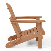 Side | side profile of one warm teak-tone folding Adirondack chair on a clean light studio ground, seat and folding support visible