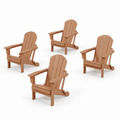 Three-quarter | four warm teak-tone folding Adirondack chairs on a clean light studio ground, seat depth and splayed legs visible