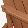 Close view | warm teak-tone chair arm edge, slatted back surface, and a silver fastener filling the frame