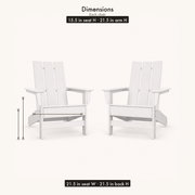 Dimensions | dimension diagram for two white HDPE Adirondack chairs: 15.5 inch seat height, 21.5 inch arm height, 21.5 inch seat width and back height