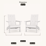 Dimensions | dimension diagram for each of two white HDPE Adirondack chairs: 37 inch H, 29 inch W, 33.5 inch D