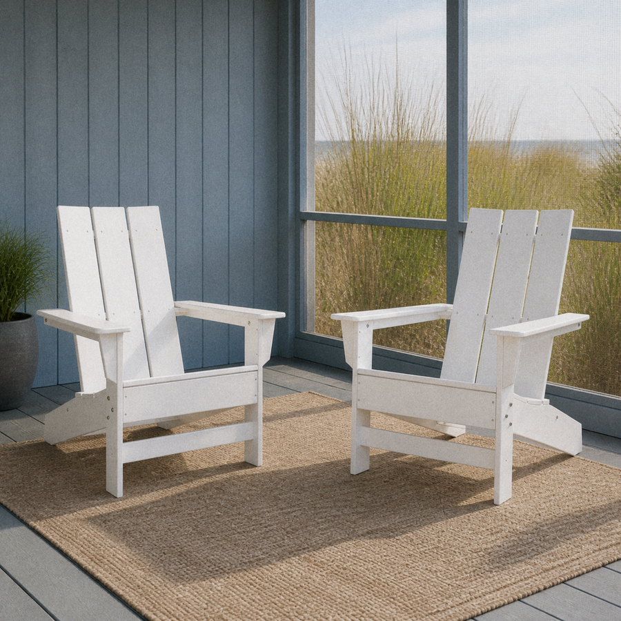 In a room | two white HDPE Adirondack chairs on a blue-gray screened porch