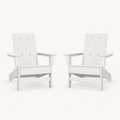 Front | rear studio elevation of two white HDPE Adirondack chairs showing three back slats