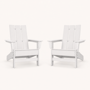 Front | rear studio elevation of two white HDPE Adirondack chairs showing three back slats