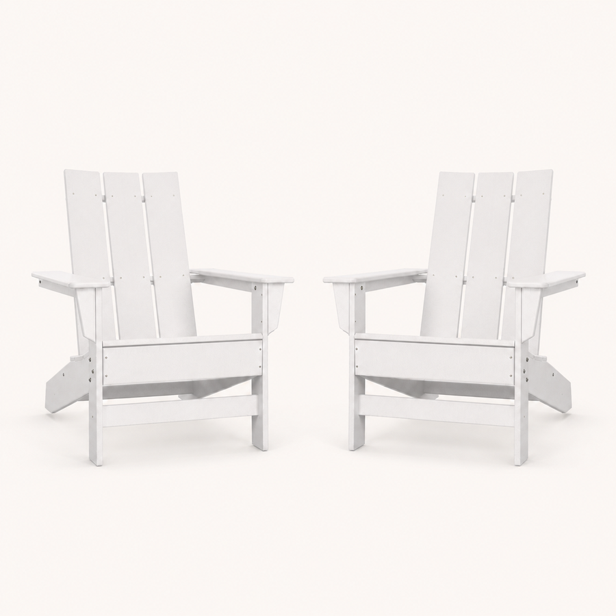 Front | rear studio elevation of two white HDPE Adirondack chairs showing three back slats