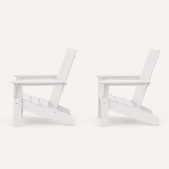 Side | side studio profile of two white HDPE Adirondack chairs showing raked backs and slatted seats