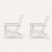 Side | side studio profile of two white HDPE Adirondack chairs showing raked backs and slatted seats