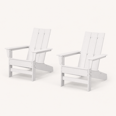 Studio | rear three-quarter studio view of two white HDPE Adirondack chairs showing slatted backs and arm depth