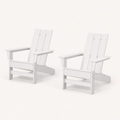 Studio | rear three-quarter studio view of two white HDPE Adirondack chairs showing slatted backs and arm depth