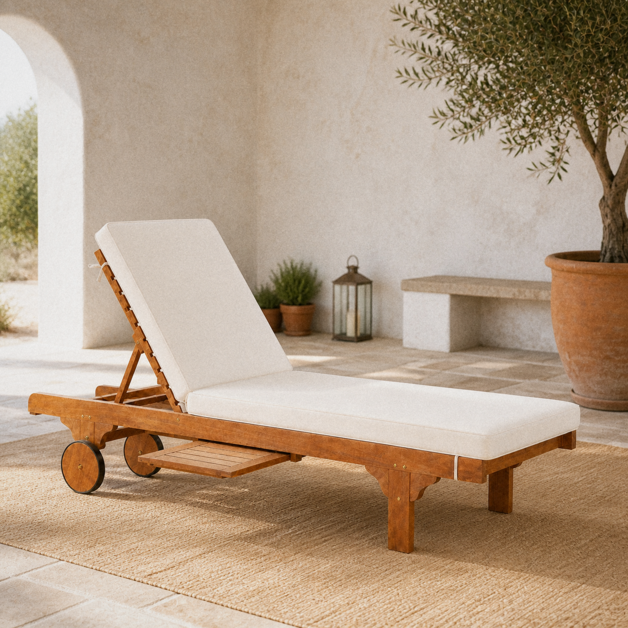 Sunlit courtyard | honey-brown eucalyptus chaise with a raised cream cushion, disc wheels, and pull-out tray