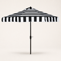 Front | front studio view of the open black and white striped octagonal umbrella with dark pole