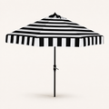 Studio | angled studio view showing canopy depth, vertical striped valance, pole, and crank