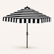 Studio | angled studio view showing canopy depth, vertical striped valance, pole, and crank