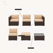 Dimensions | dimensions for the modules, ottoman, and glass-top table in the six-piece wicker set