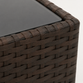 Hardware | smoke-gray glass tabletop inset meeting a dark brown PE wicker table rim