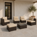 Scale | covered patio scale view of six-piece wicker conversation set beside a full-height exterior doorway