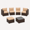 Complete six-piece dark brown wicker modular conversation set with beige cushions and glass-top table