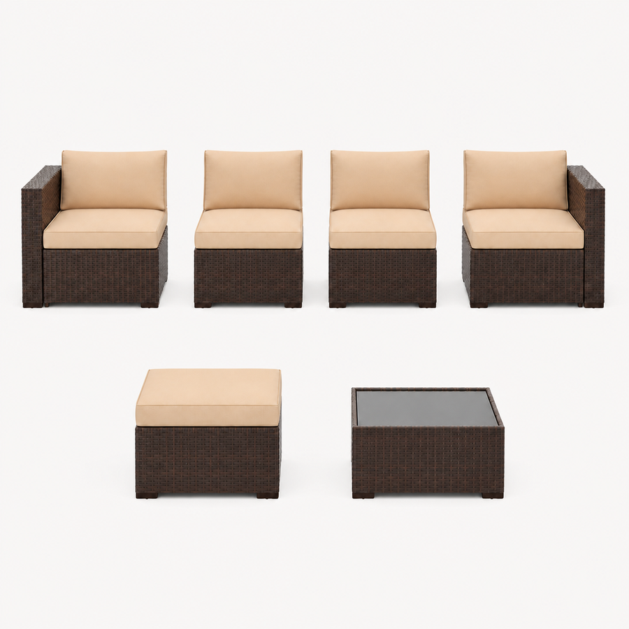 Front | studio front of two corner modules, two armless modules, ottoman, and glass-top table