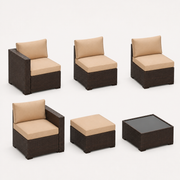 Studio | studio three-quarter view of six-piece dark brown wicker modular conversation set