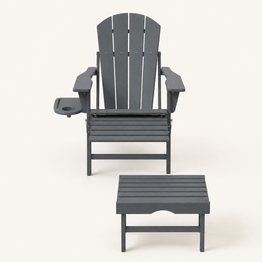 Front | gray HDPE Adirondack chair with its matching ottoman on clean studio ground