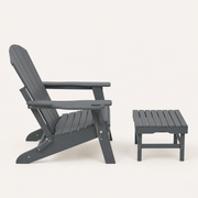 Side profile | gray HDPE Adirondack chair and matching ottoman showing the reclined back, folding rail, and chain