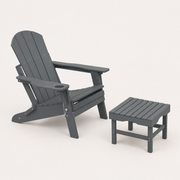 Three-quarter | gray HDPE folding chair and ottoman on clean studio ground with the cup-holder tray and chain visible