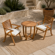 Courtyard angle | the complete three-piece acacia bistro set with both matching armchairs